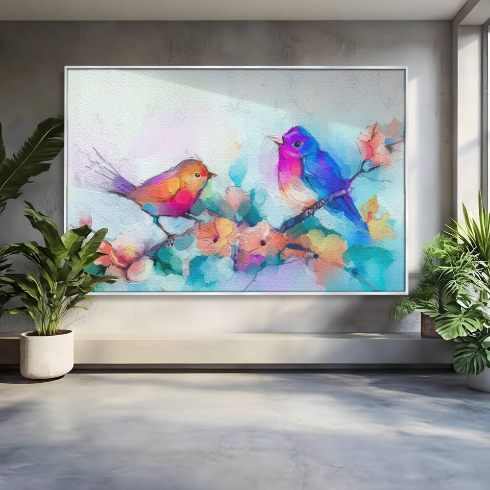 Tablou canvas cu pictura digitala cu doua pasari colorate, in rama de aluminiu argintiu